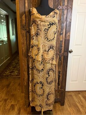 Y2K Studio C Paisley Maxi Dress Black Gold Sleeveless Layered Boho Long Dress